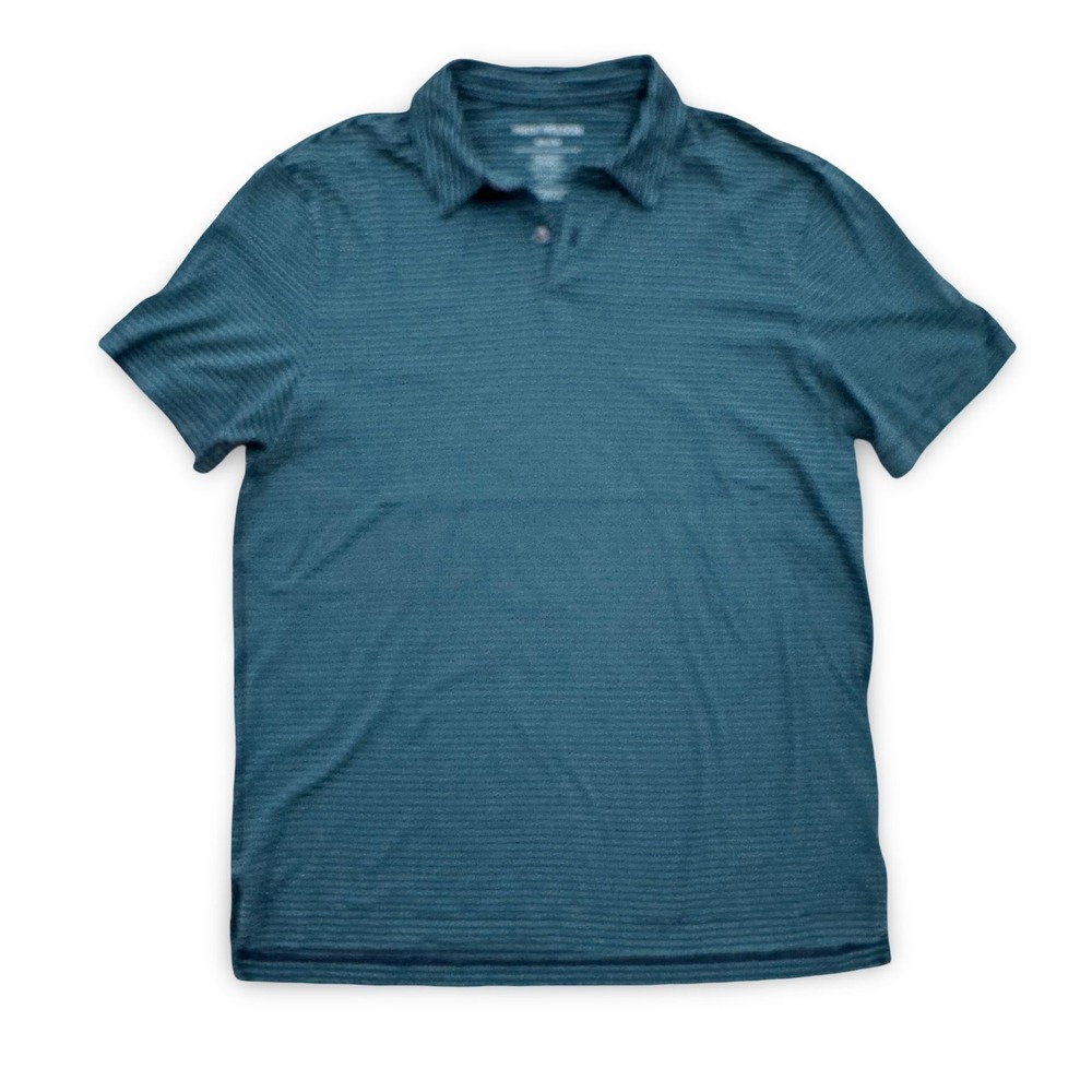 Mack Weldon Mens Pima Cotton Striped Polo Shirt Teal Navy Blue Medium RN 137077